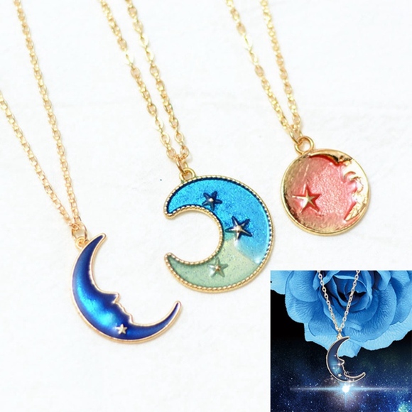 Orange Moon & Star Circle Pendant Gold Necklace - Picture 2 of 6